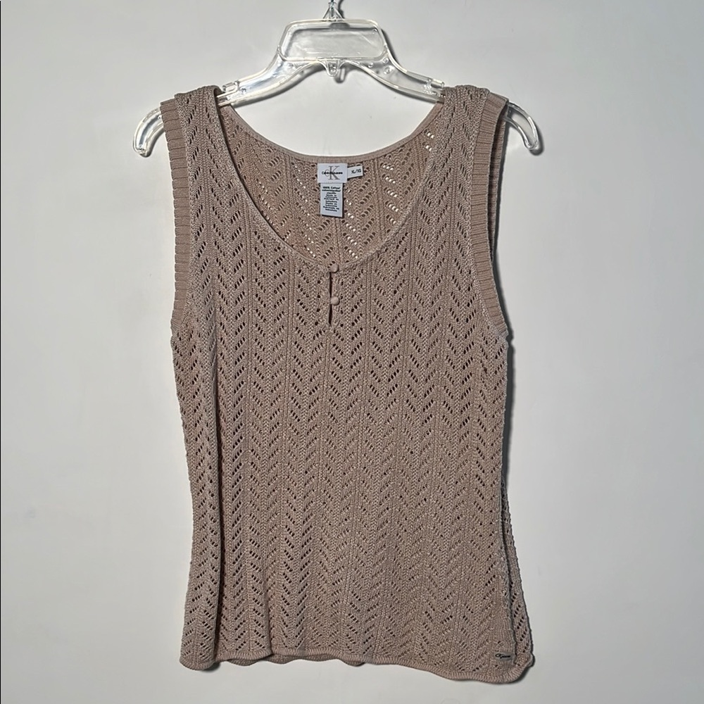 CALVIN KLEIN Boho Festival 100% Cotton Pointelle Knit Button Tan Tank Sweater XL